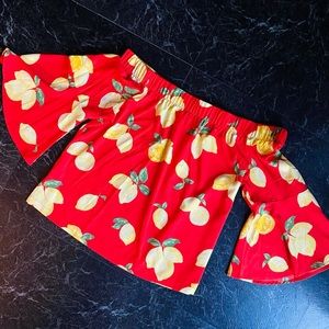 New cute retro lemon bell sleeve off shoulder top